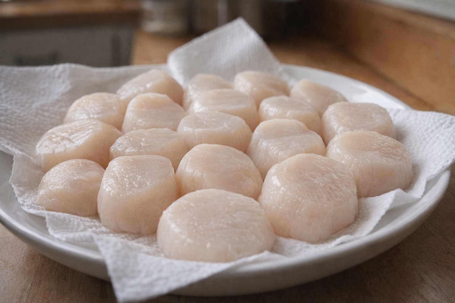Close-up shot of raw sea scallops, plump and arranged on a paper towel-lined plate, showcasing their creamy white color and firm texture, natural light